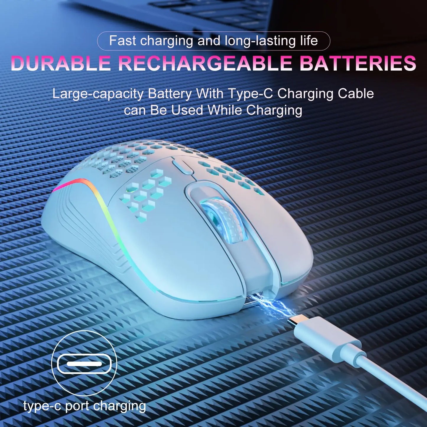 Experience Ultimate Comfort and Style with the 2.4G Wireless RGB Backlit Gaming Mouse - Ergonomic Honeycomb Design, 6 Buttons, and Rechargeable Convenience!
