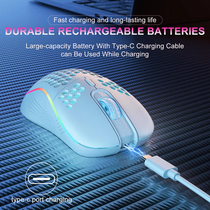 Experience Ultimate Comfort and Style with the 2.4G Wireless RGB Backlit Gaming Mouse - Ergonomic Honeycomb Design, 6 Buttons, and Rechargeable Convenience!