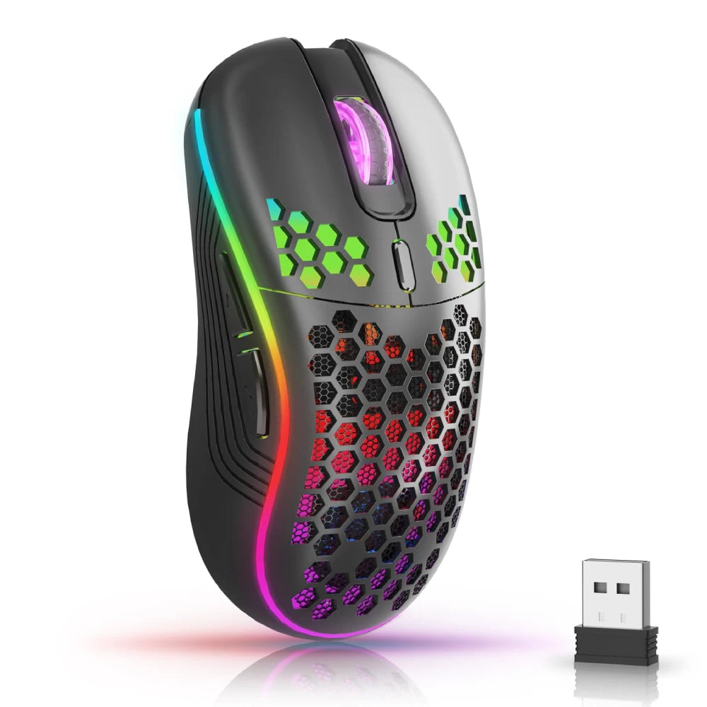 Experience Ultimate Comfort and Style with the 2.4G Wireless RGB Backlit Gaming Mouse - Ergonomic Honeycomb Design, 6 Buttons, and Rechargeable Convenience!