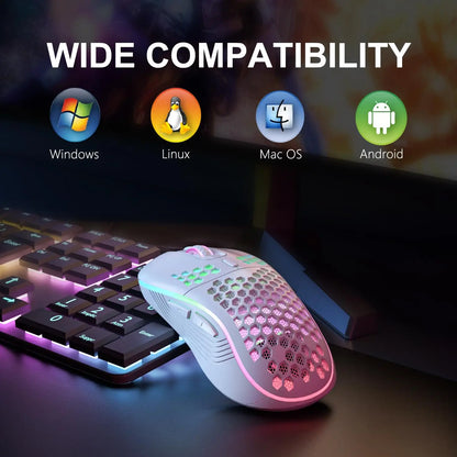 Experience Ultimate Comfort and Style with the 2.4G Wireless RGB Backlit Gaming Mouse - Ergonomic Honeycomb Design, 6 Buttons, and Rechargeable Convenience!
