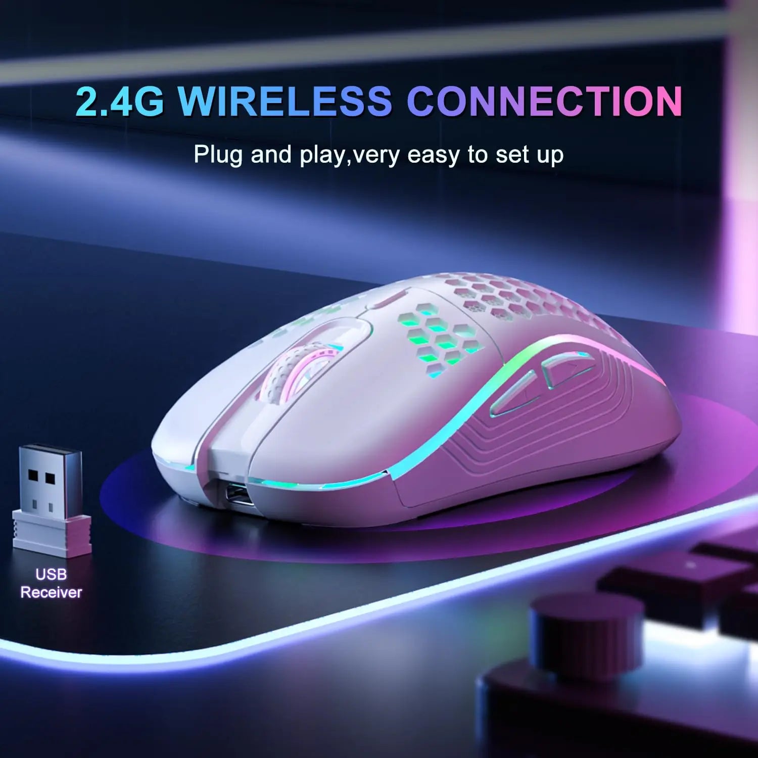 Experience Ultimate Comfort and Style with the 2.4G Wireless RGB Backlit Gaming Mouse - Ergonomic Honeycomb Design, 6 Buttons, and Rechargeable Convenience!